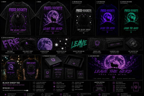 Black Sheep Tee Vintage Black Herd Theory Archive Edition master feature board showing front back 3M reflective UV reactive glow in the dark details lifestyle packaging and NFC archive chip