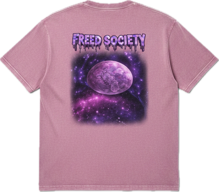 Freed Sheep Tee Washed Pink back image with purple moon and galaxy Freed Society graphic