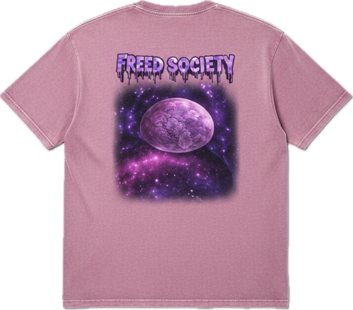 Freed Sheep Tee Washed Pink back image with purple moon and galaxy Freed Society graphic
