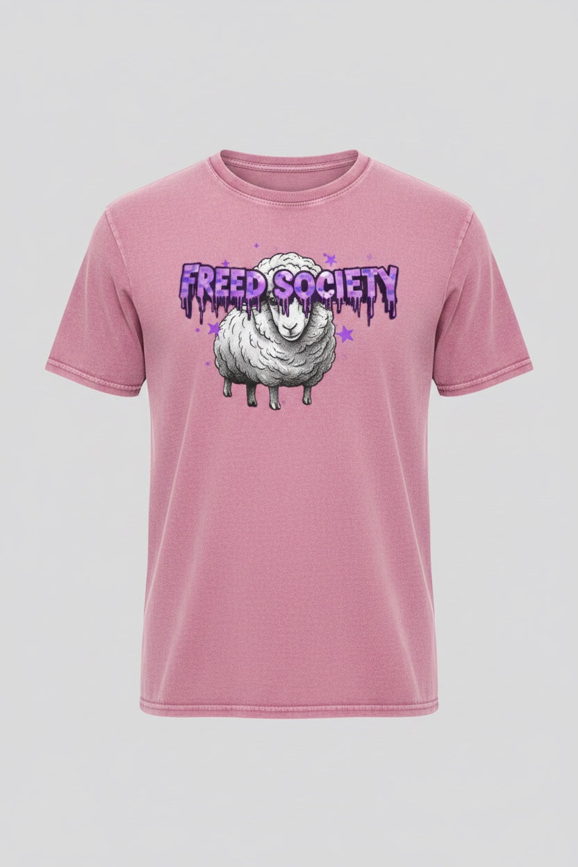 Freed Sheep Tee Washed Pink front product image with sheep graphic and purple Freed Society logo