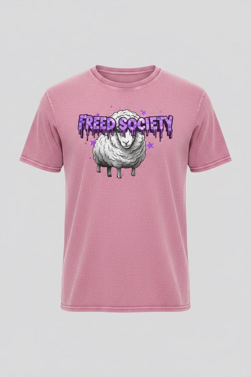 Freed Sheep Tee Washed Pink front product image with sheep graphic and purple Freed Society logo