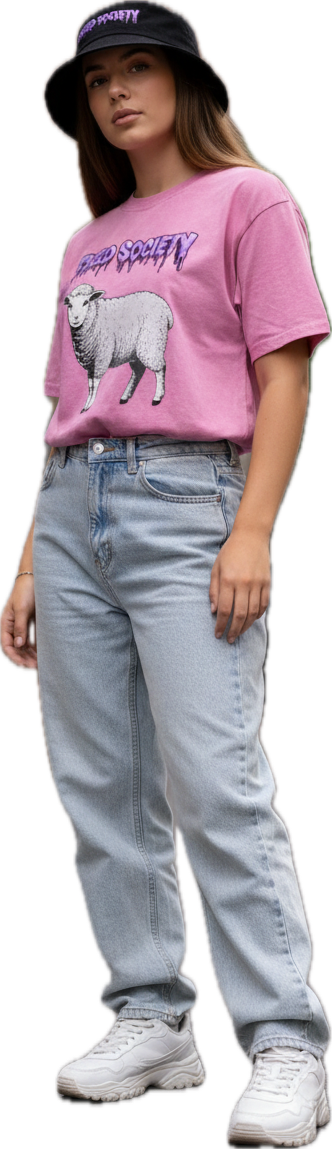 Model wearing Freed Sheep Tee Washed Pink with black Freed Society bucket hat