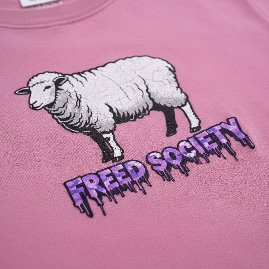Close-up detail of Freed Sheep Tee Washed Pink sheep graphic printed on cotton fabric