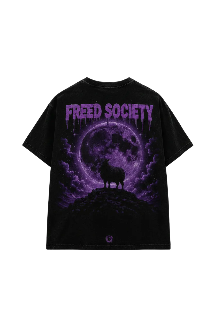 Black Sheep Tee Herd Theory — back view, purple moon, lone sheep silhouette, Leave The Herd Free Your Mind