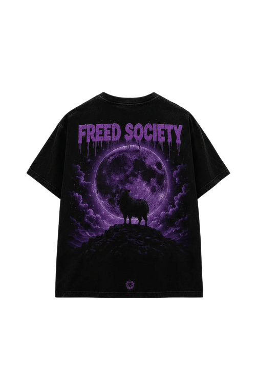 Black Sheep Tee Herd Theory — back view, purple moon, lone sheep silhouette, Leave The Herd Free Your Mind